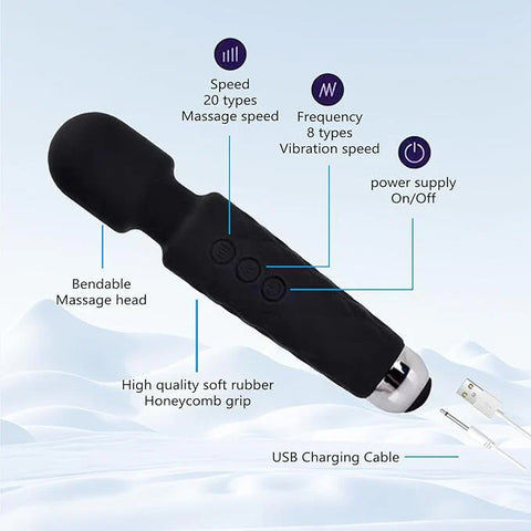 WAND Electric Back Massager - 8 Speeds 20 Modes - Rechargeable&Waterproof&Quiet Handheld Deep Tissue Neck Back Massager（Black）